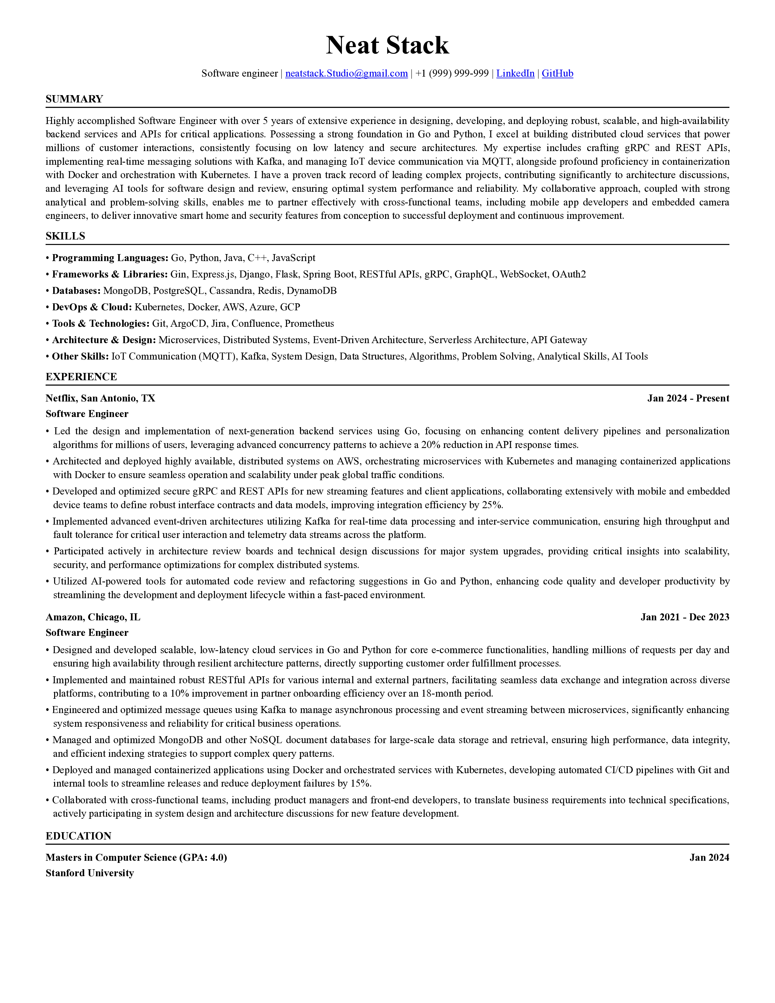 Professional resume template — page 1